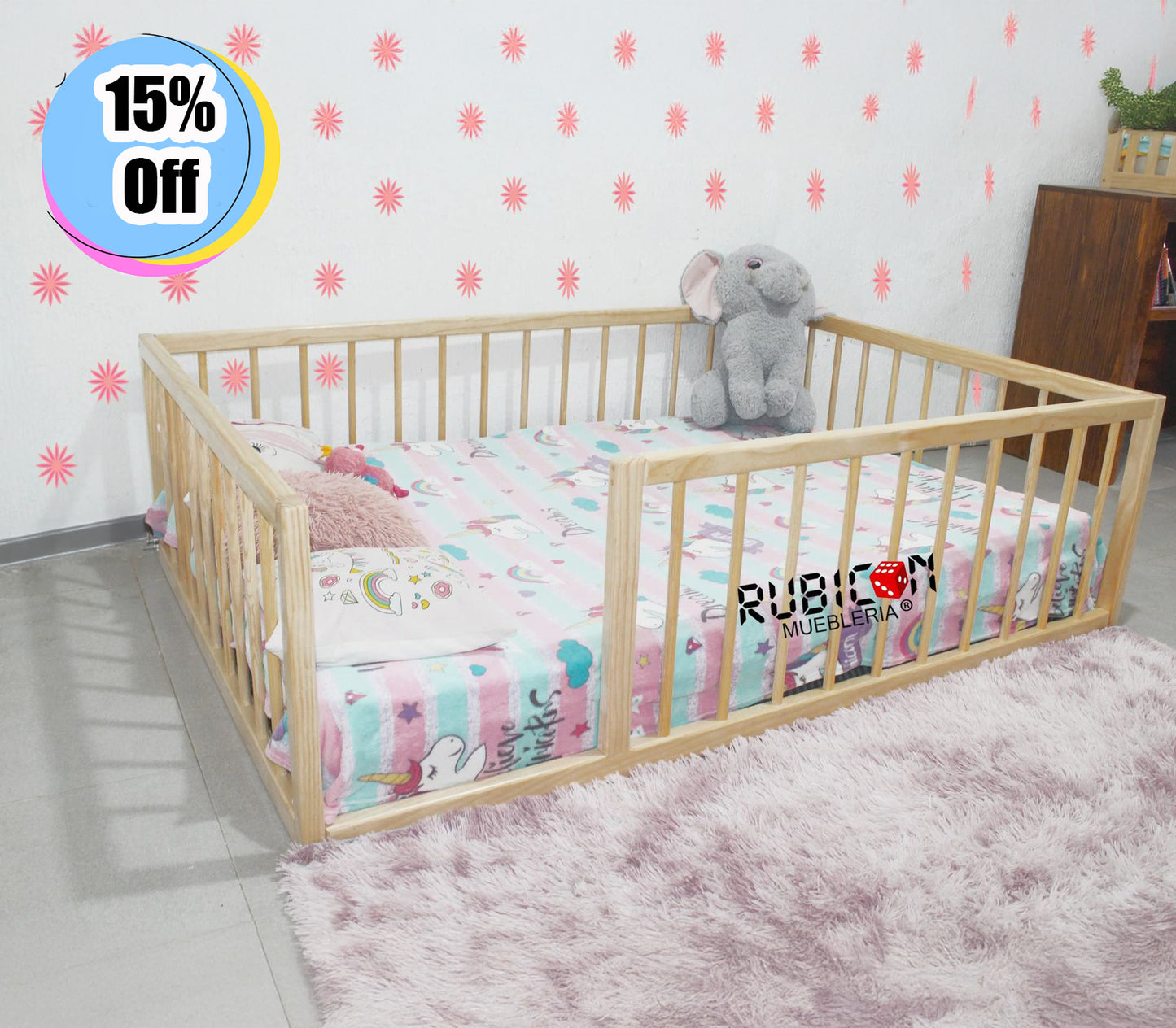 Cama Montessori con barandales cuna de madera mod. Eli circle 15% Off