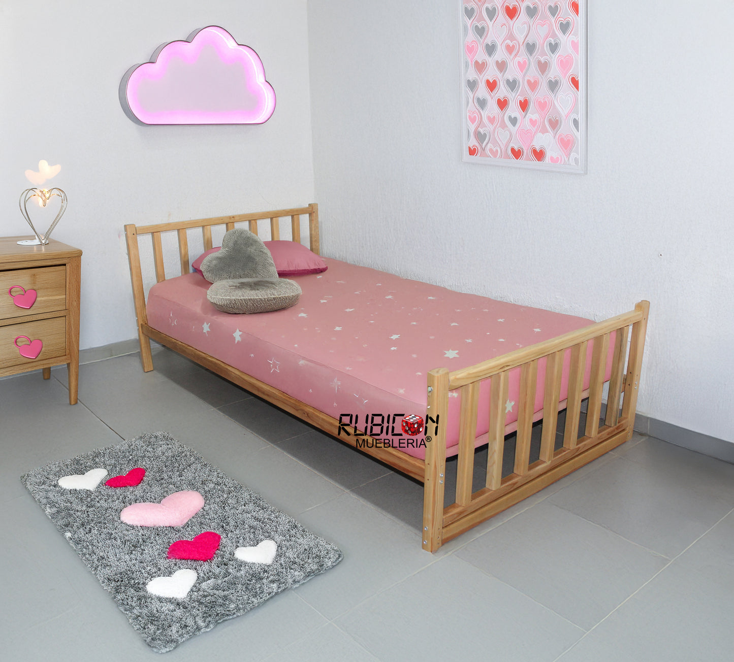 Cama de madera de pino recámara juvenil minimalista con cabecera y piecera