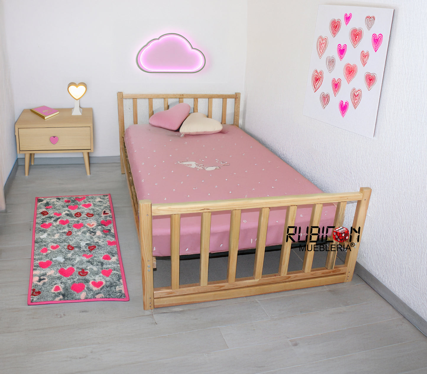 Cama de madera de pino recámara juvenil minimalista con cabecera y piecera