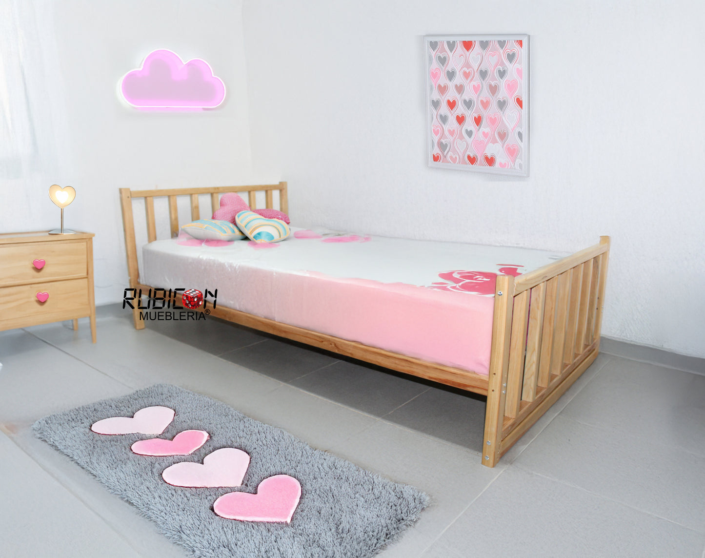 Cama de madera de pino recámara juvenil minimalista con cabecera y piecera