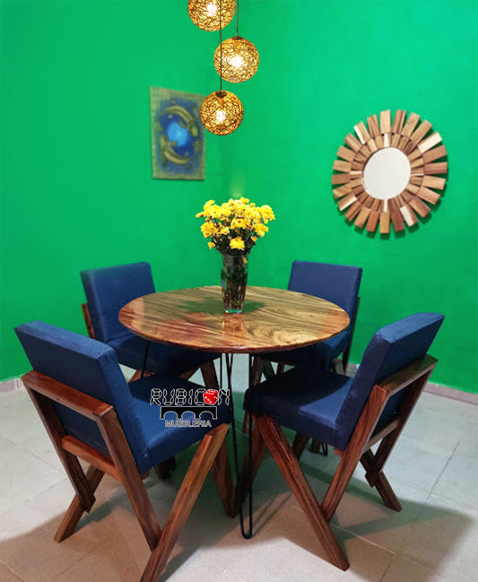 Comedor redondo de madera de parota con sillas tapizadas estilo industrial mod, Odiseo