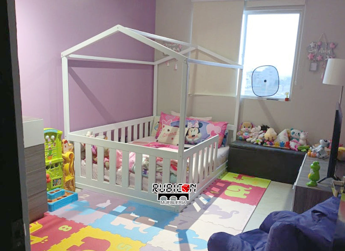 Cama Montessori casita de sueños con barandales de madera recámara infantil +vendida