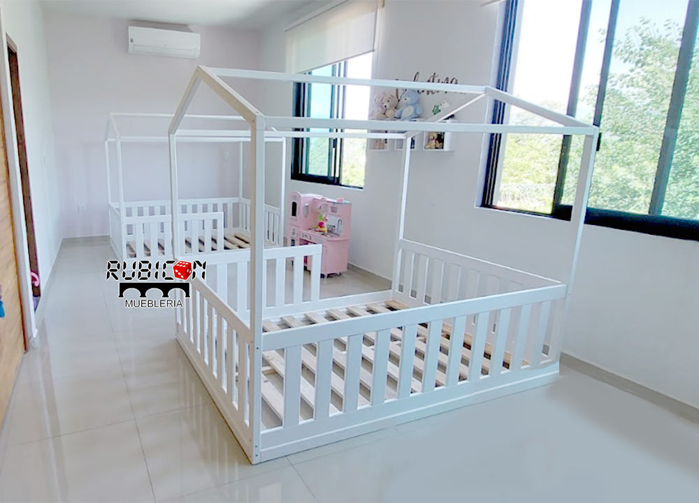 Cama Montessori casita de sueños con barandales de madera recámara infantil +vendida