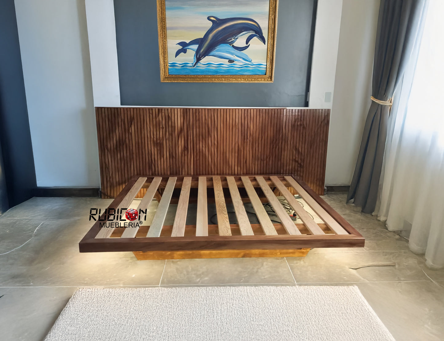 Recámara de madera de parota cabecera con burós flotantes + luces led´s cama mod. Paraíso