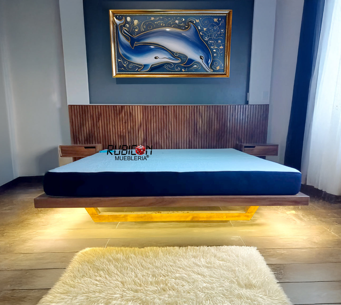 Recámara de madera de parota cabecera con burós flotantes + luces led´s cama mod. Paraíso