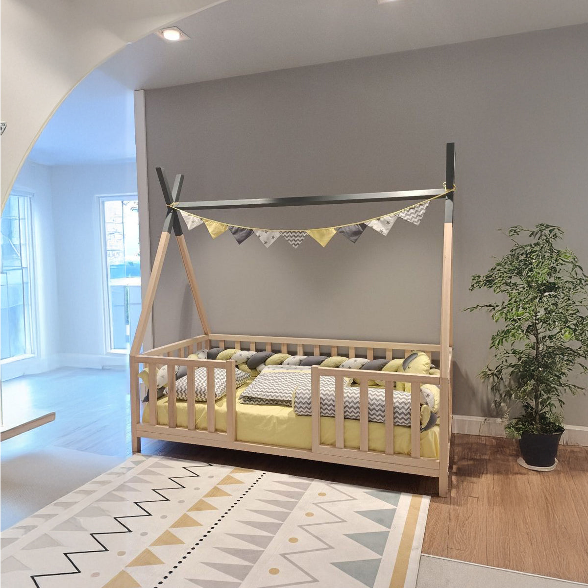 Cama Montessori tipi de madera recámara infantil mod. Tipi yellow