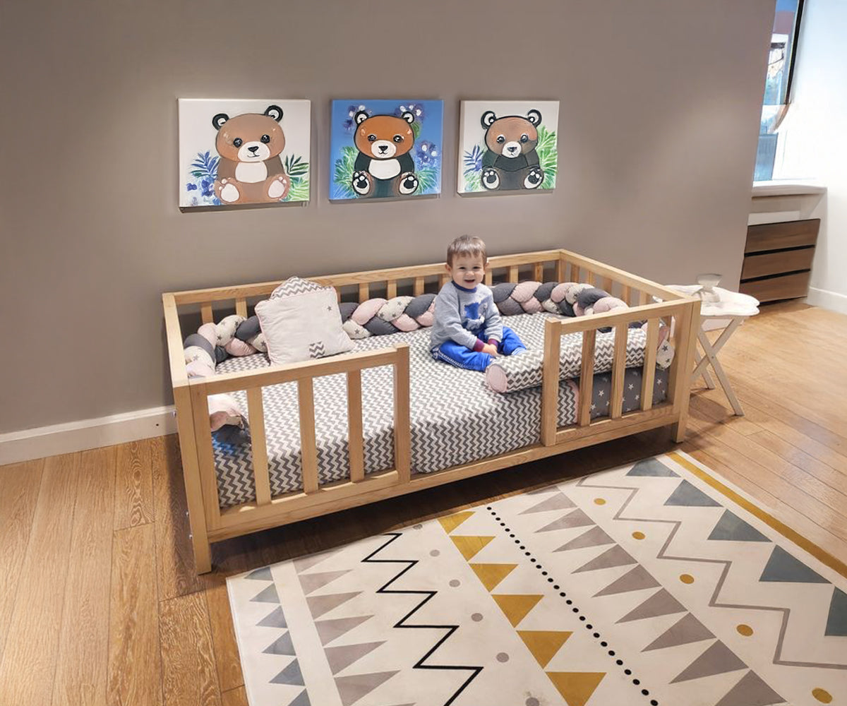 Cama Montessori de madera recamara para niños cuna con barandales