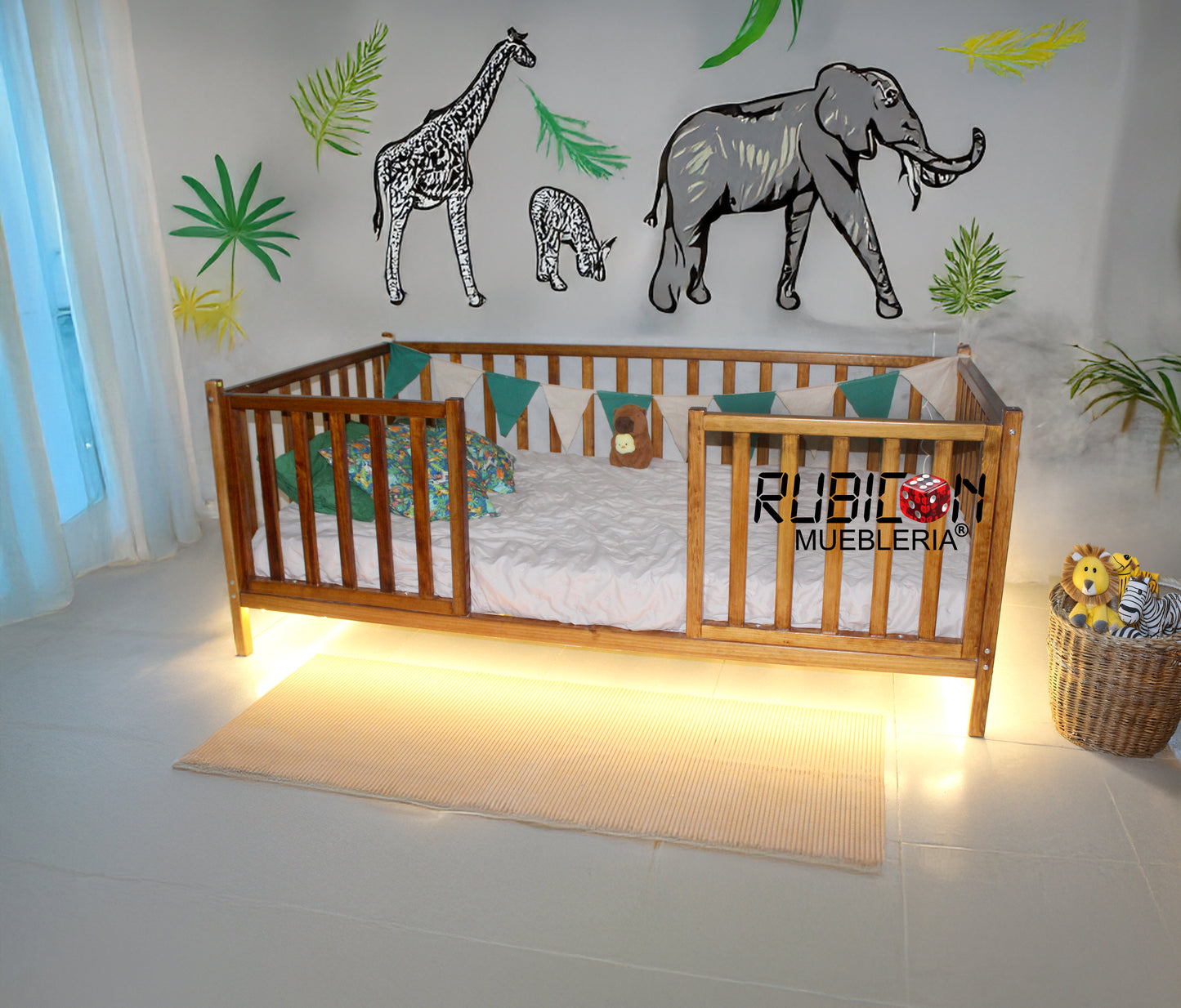 Cama Montessori de madera recamara para niños cuna con barandales