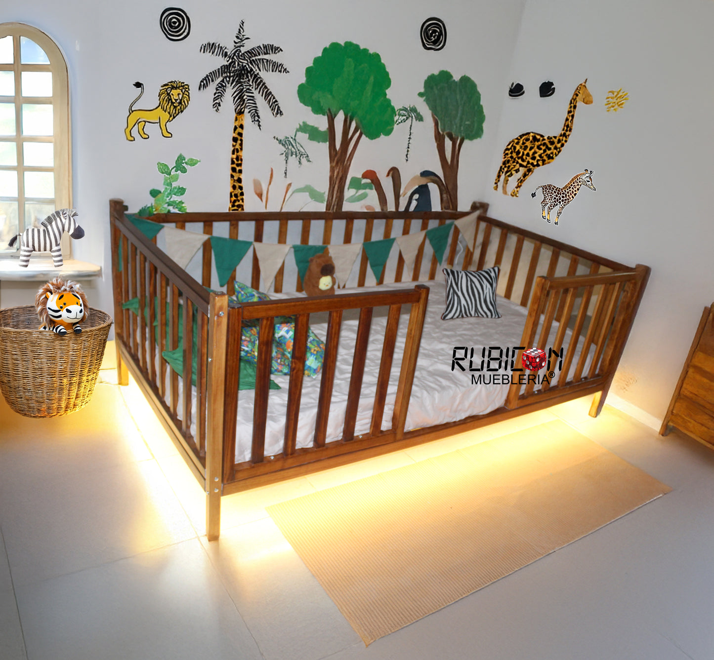 Cama Montessori de madera recamara para niños cuna con barandales