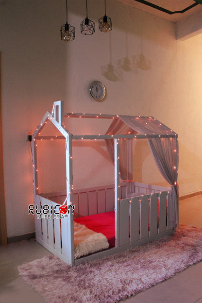 Cama Montessori de madera con casita de sueños Mod. Americana plus