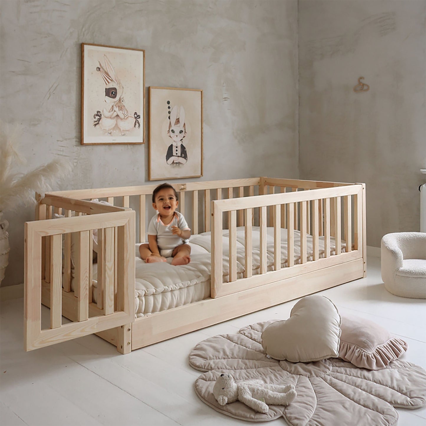 Cama Montessori cuna de madera mod. Stich + puerta