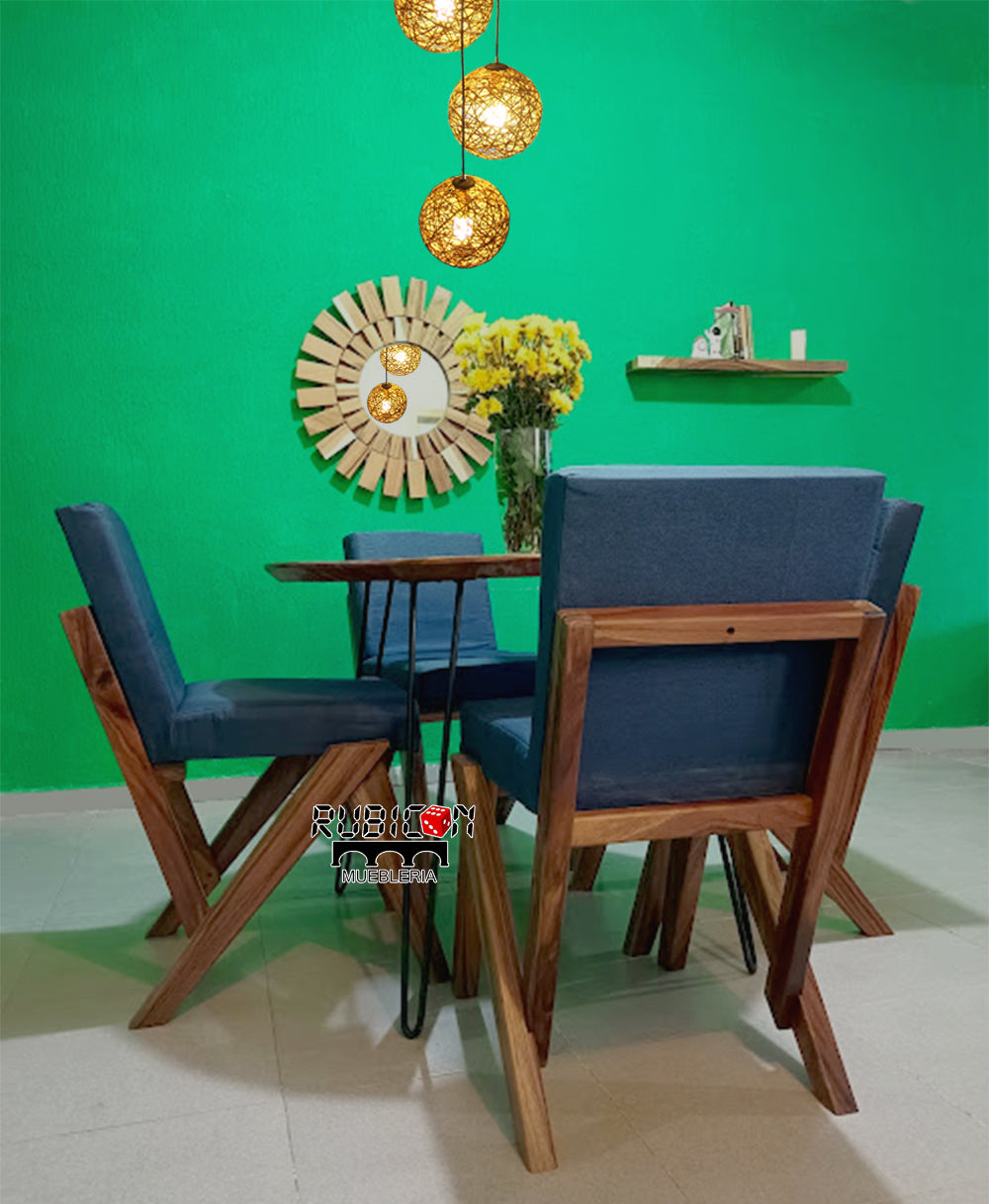 Comedor redondo de madera de parota con sillas tapizadas estilo industrial mod, Odiseo