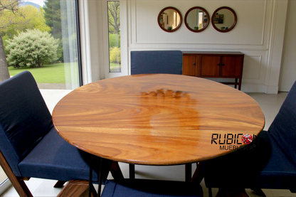 Comedor redondo de madera de parota con sillas tapizadas estilo industrial mod, Odiseo