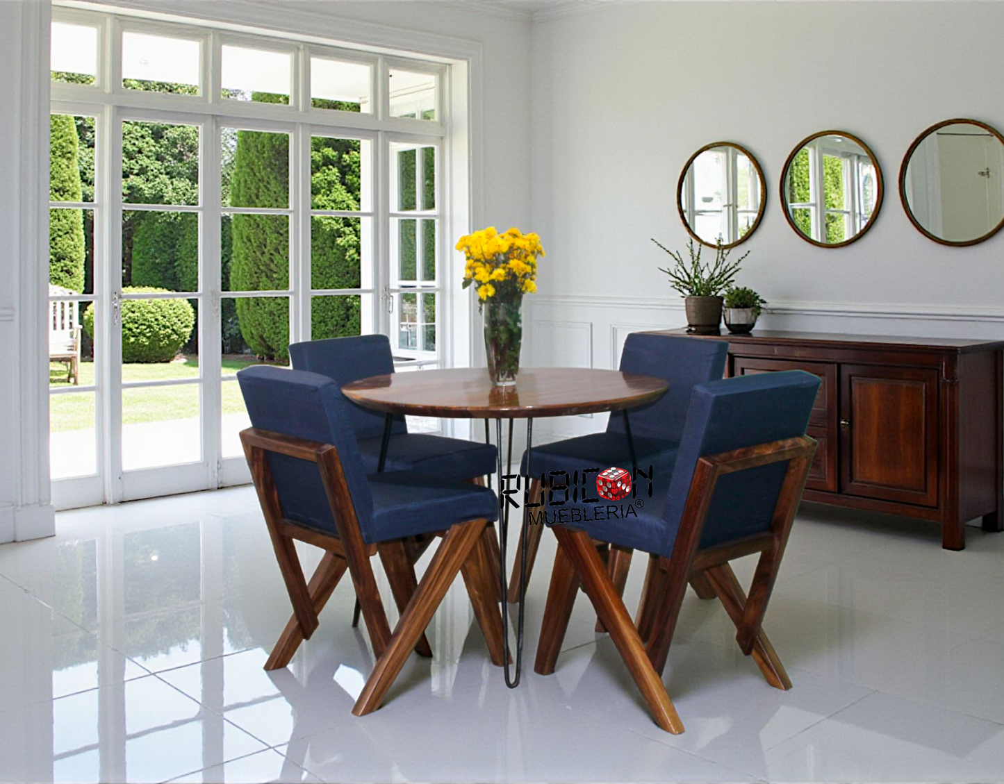 Comedor redondo de madera de parota con sillas tapizadas estilo industrial mod, Odiseo