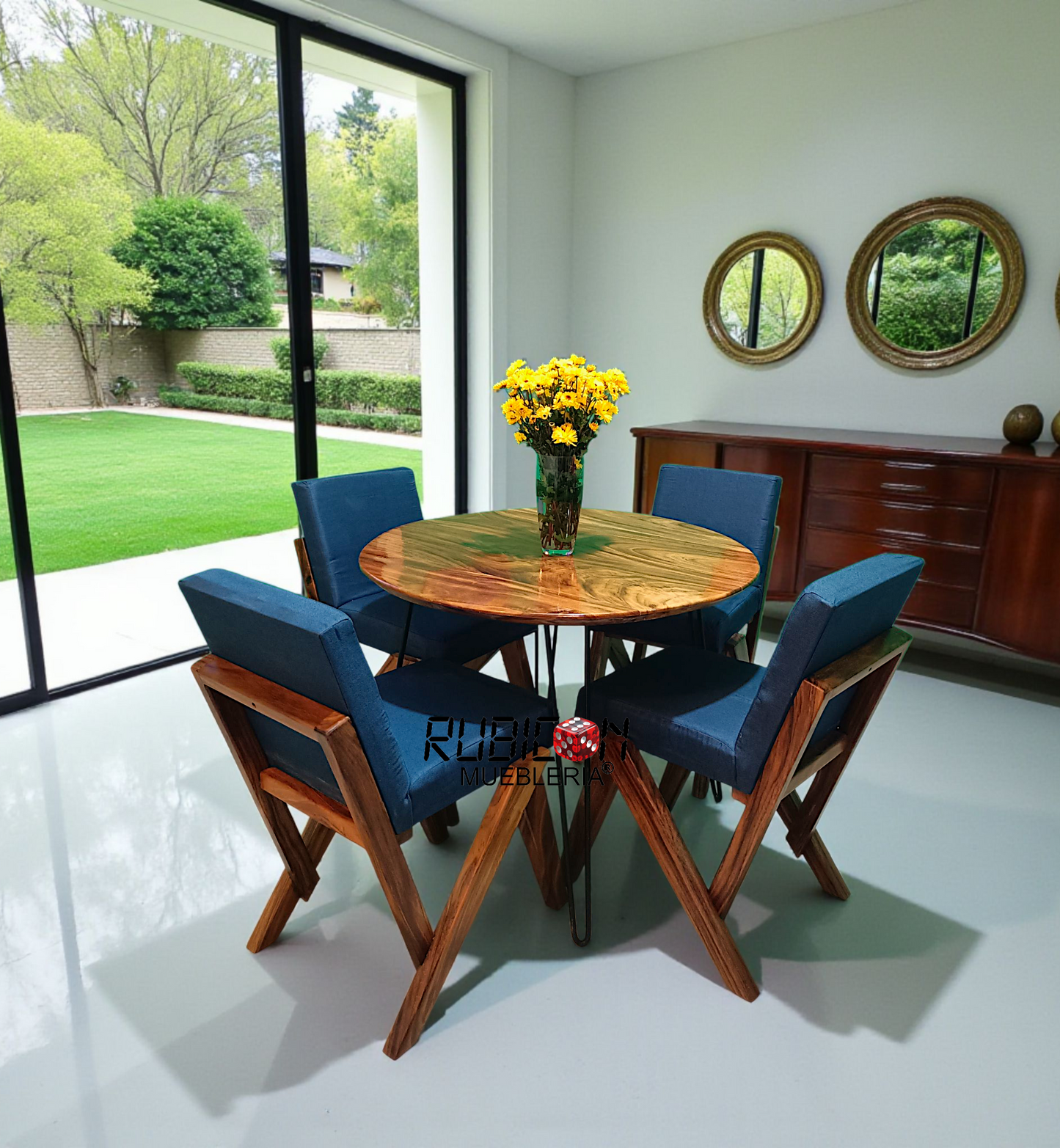 Comedor redondo de madera de parota con sillas tapizadas estilo industrial mod, Odiseo