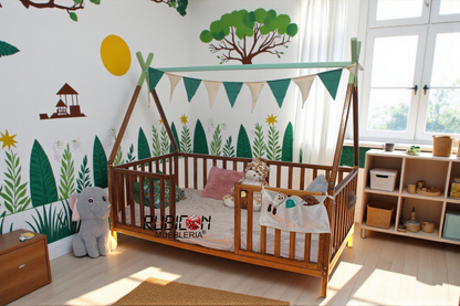 Cama Montessori de madera recamara para niños cuna con barandales