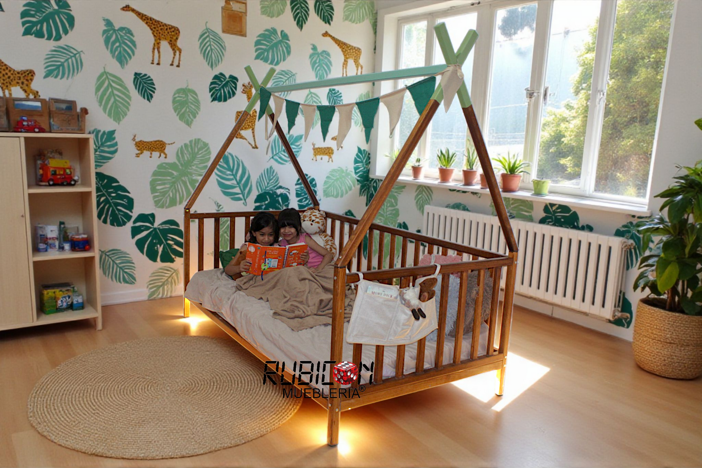 Cama Montessori de madera recamara para niños cuna con barandales