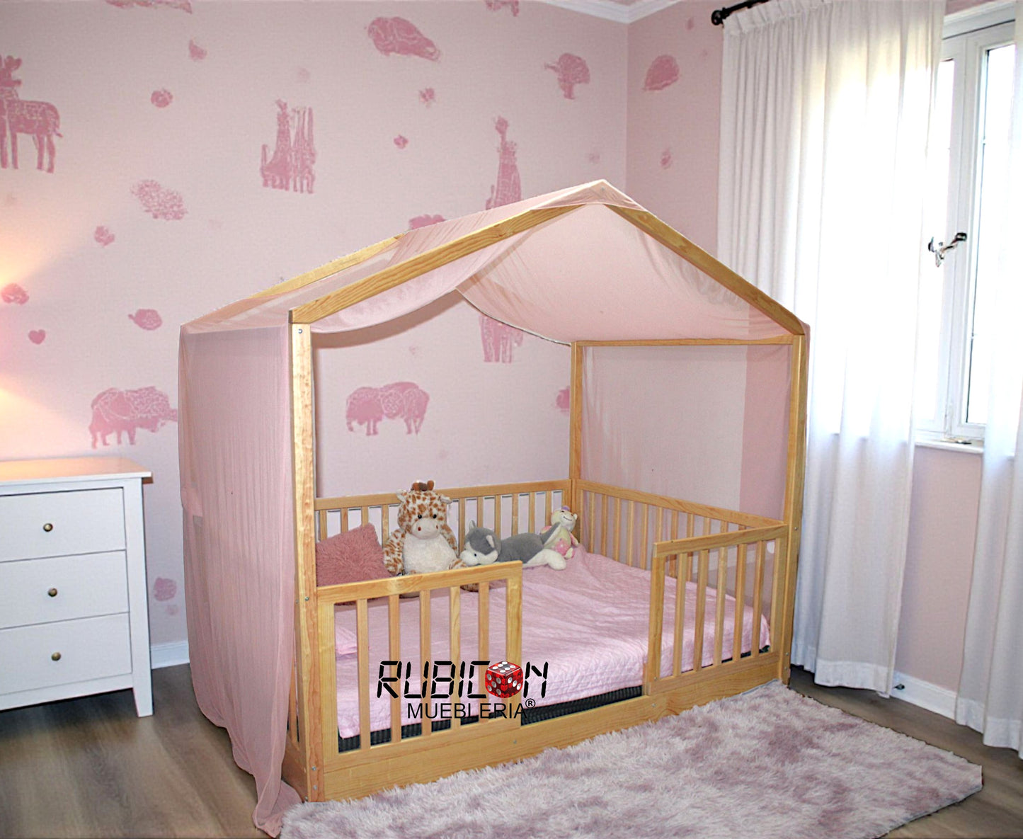 Cama Montessori casita de sueños con barandales de madera recámara infantil mod. Melmat