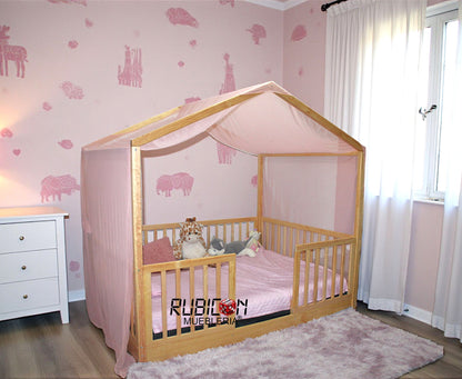 Cama Montessori casita de sueños con barandales de madera recámara infantil mod. Melmat