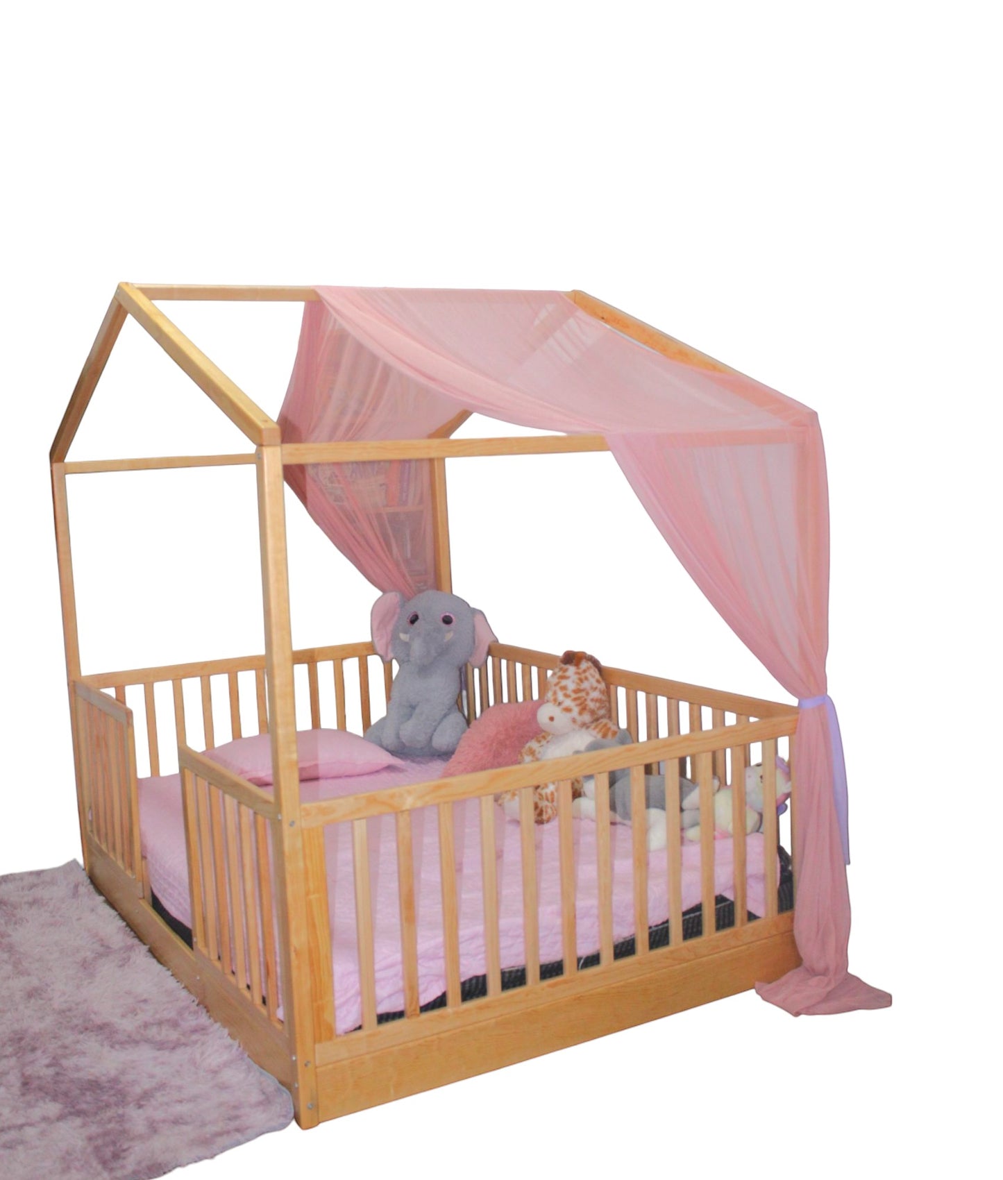 Cama Montessori casita de sueños con barandales de madera recámara infantil mod. Melmat