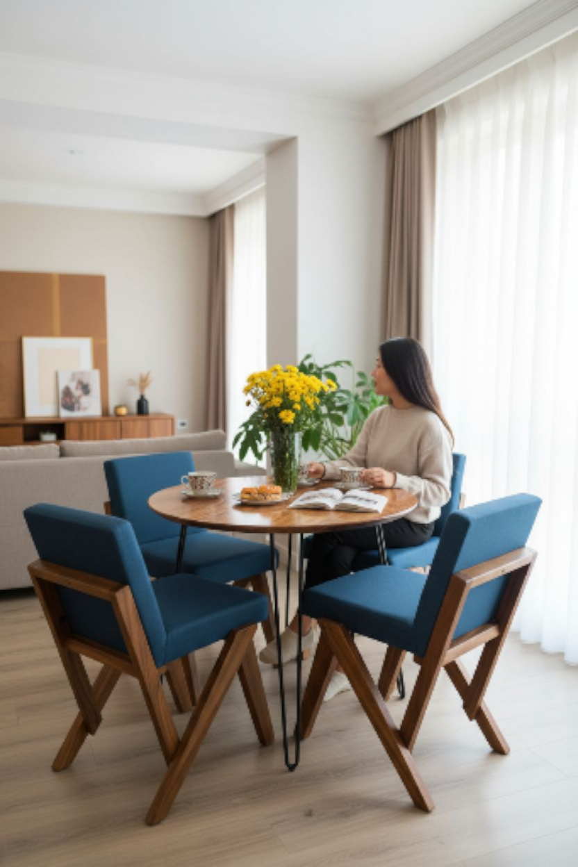 Comedor redondo de madera de parota con sillas tapizadas estilo industrial mod, Odiseo