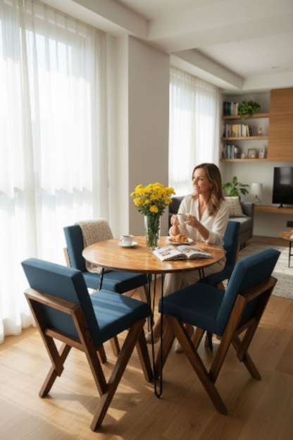 Comedor redondo de madera de parota con sillas tapizadas estilo industrial mod, Odiseo