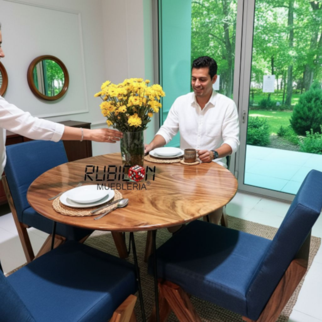 Comedor redondo de madera de parota con sillas tapizadas estilo industrial mod, Odiseo