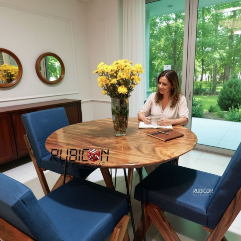 Comedor redondo de madera de parota con sillas tapizadas estilo industrial mod, Odiseo