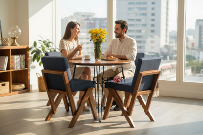 Comedor redondo de madera de parota con sillas tapizadas estilo industrial mod, Odiseo