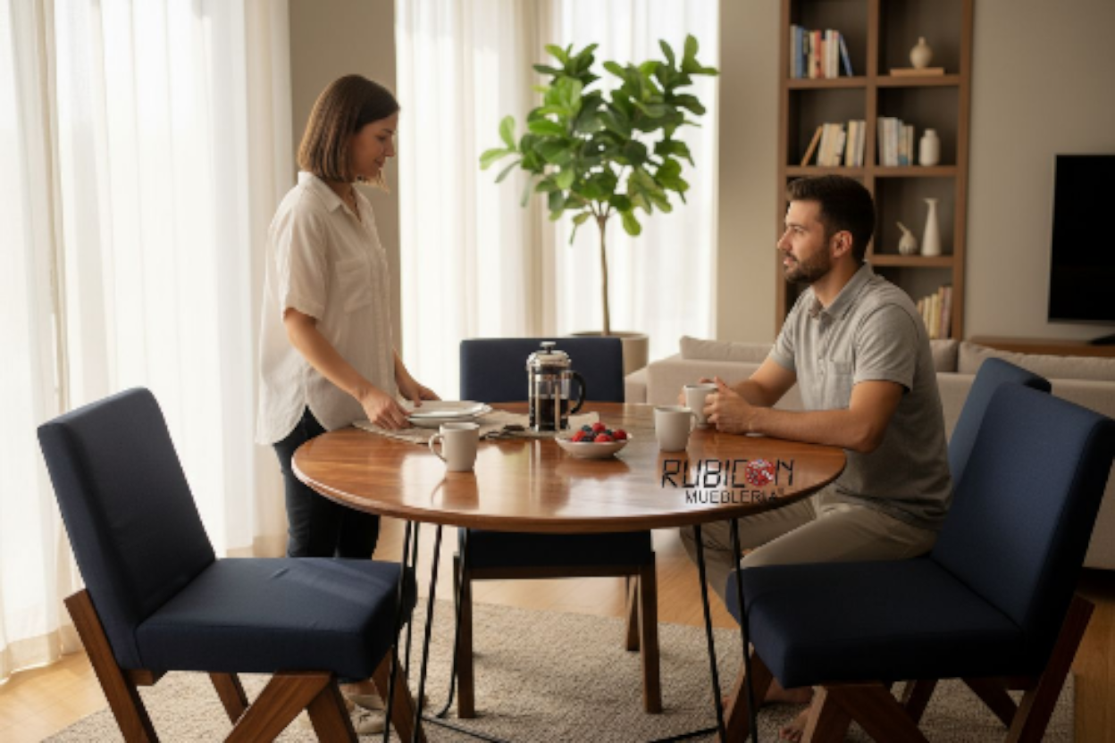 Comedor redondo de madera de parota con sillas tapizadas estilo industrial mod, Odiseo