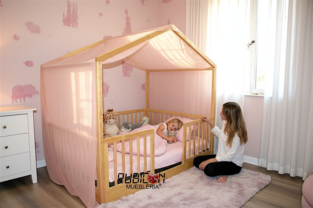 Cama Montessori casita de sueños con barandales de madera recámara infantil mod. Melmat