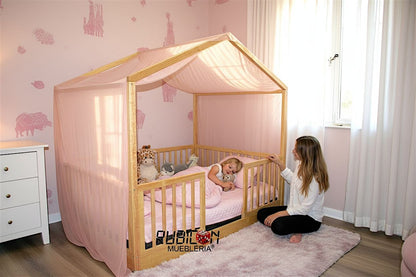 Cama Montessori casita de sueños con barandales de madera recámara infantil mod. Melmat