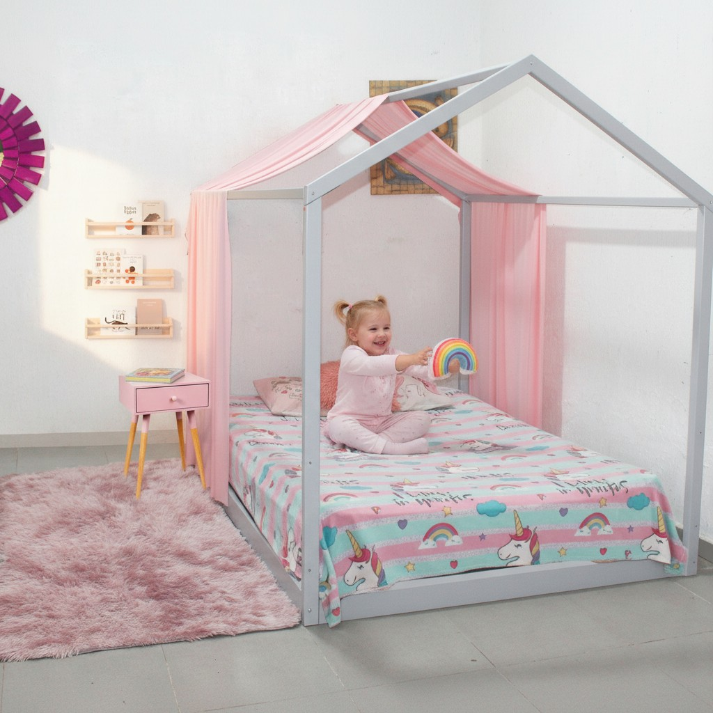 Cama montessori de madera casita de sueños infantil con par de cortinas