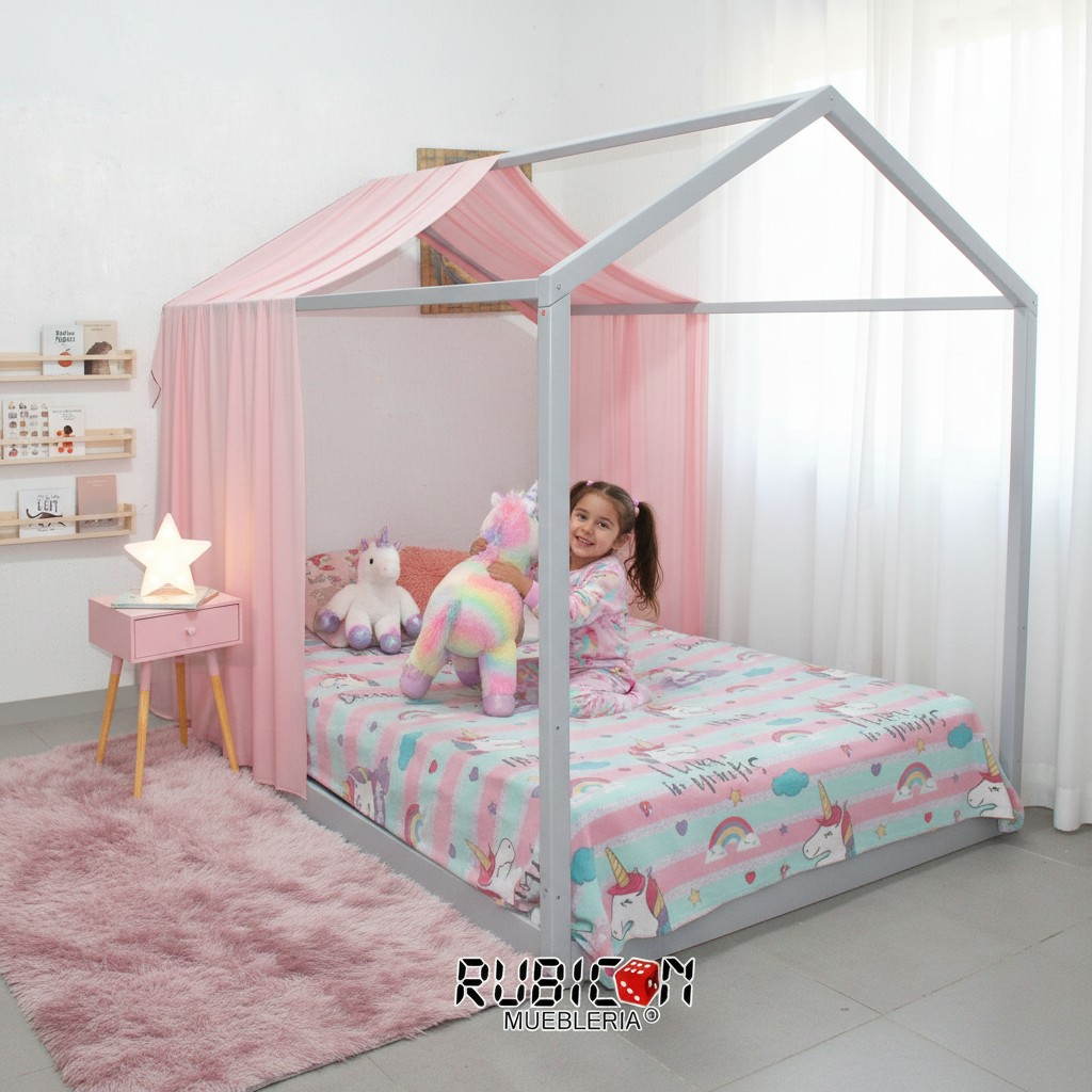 Cama montessori de madera casita de sueños infantil con par de cortinas