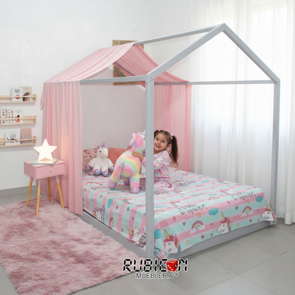 Cama montessori de madera casita de sueños infantil con par de cortinas