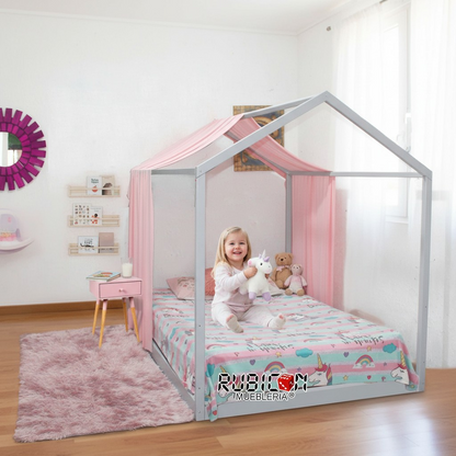 Cama montessori de madera casita de sueños infantil con par de cortinas