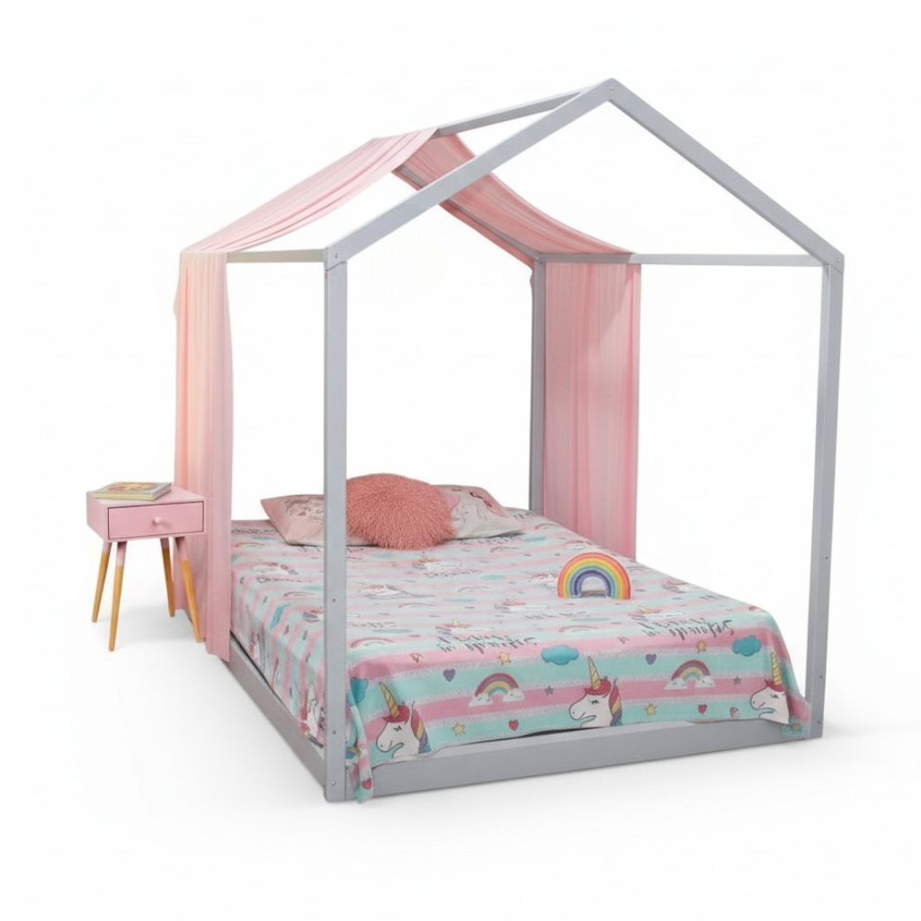 Cama montessori de madera casita de sueños infantil con par de cortinas