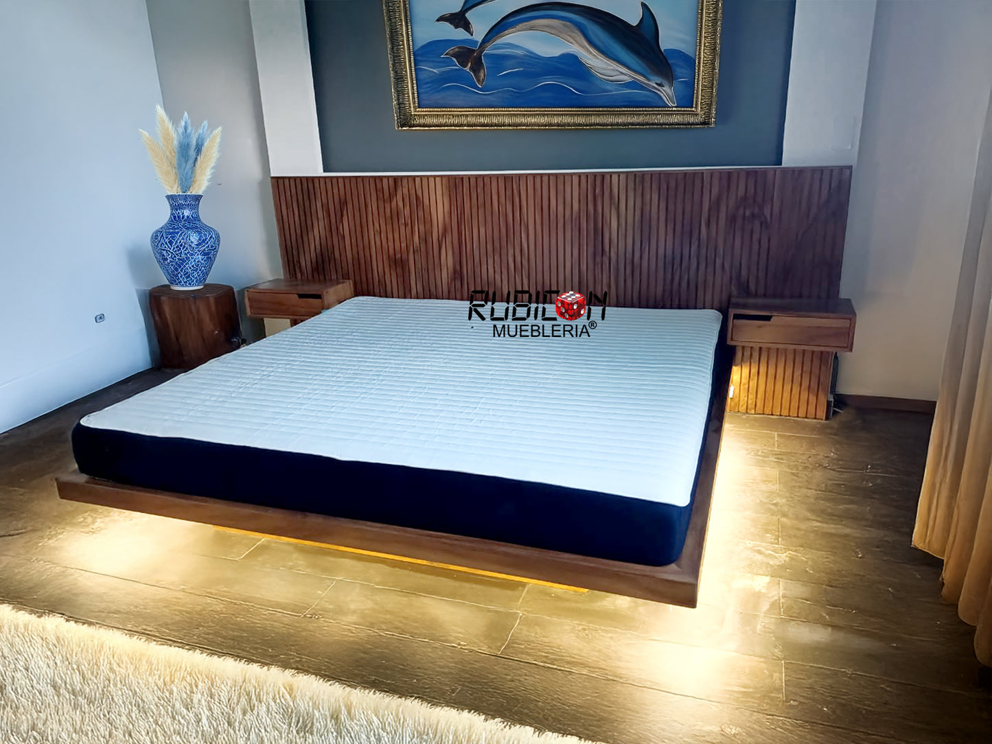 Recámara de madera de parota cabecera con burós flotantes + luces led´s cama mod. Paraíso